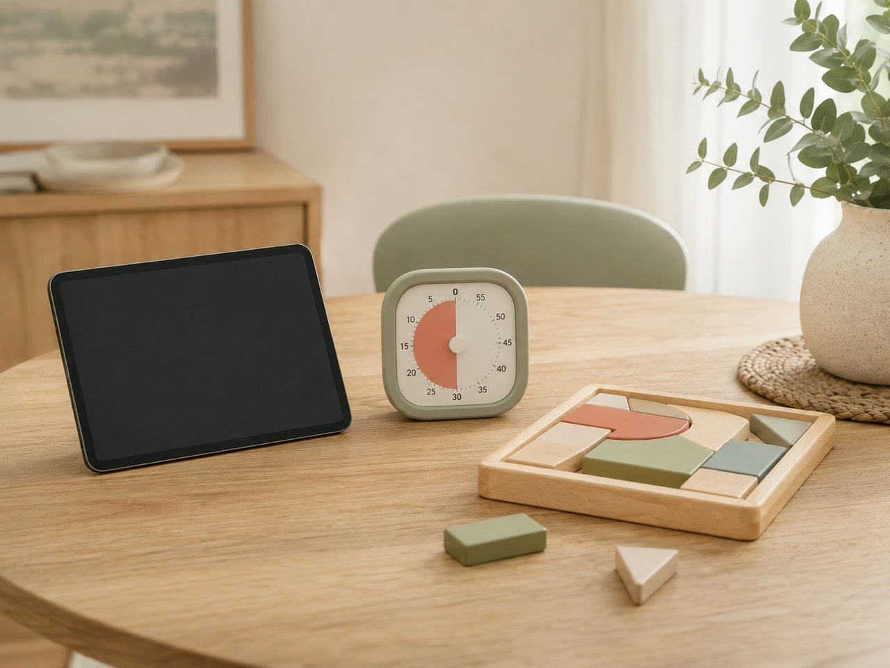 Table familiale avec une tablette éteinte, un minuteur et une activité calme préparée pour la transition.