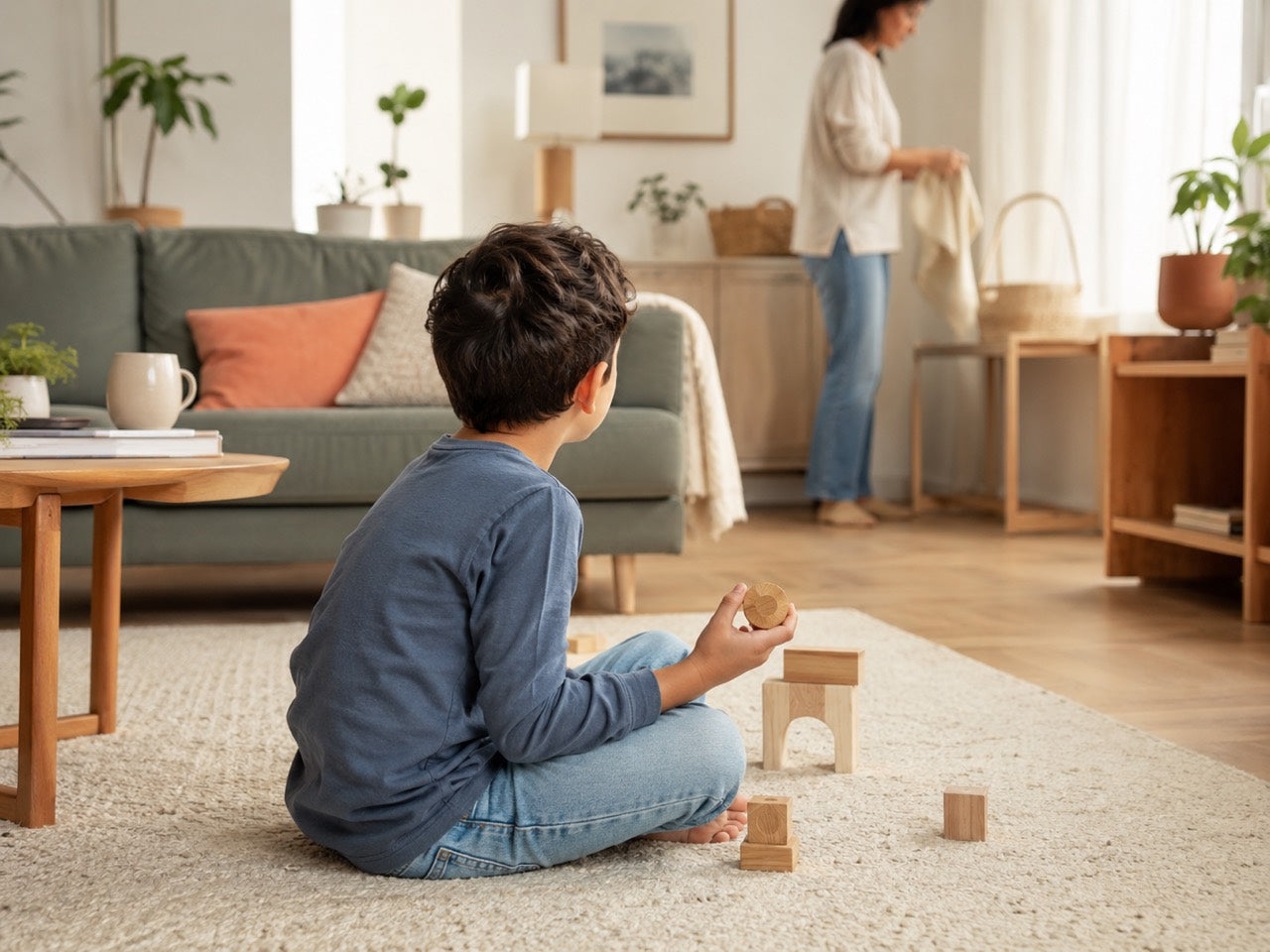Enfant assis avec quelques blocs en bois pendant qu'un parent poursuit une activité à proximité.