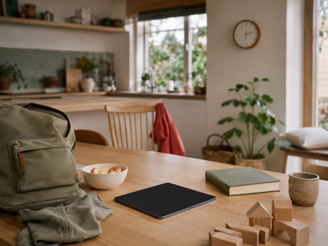 Cuisine familiale avec une tablette éteinte, un sac d'école, une collation et des jeux en bois.