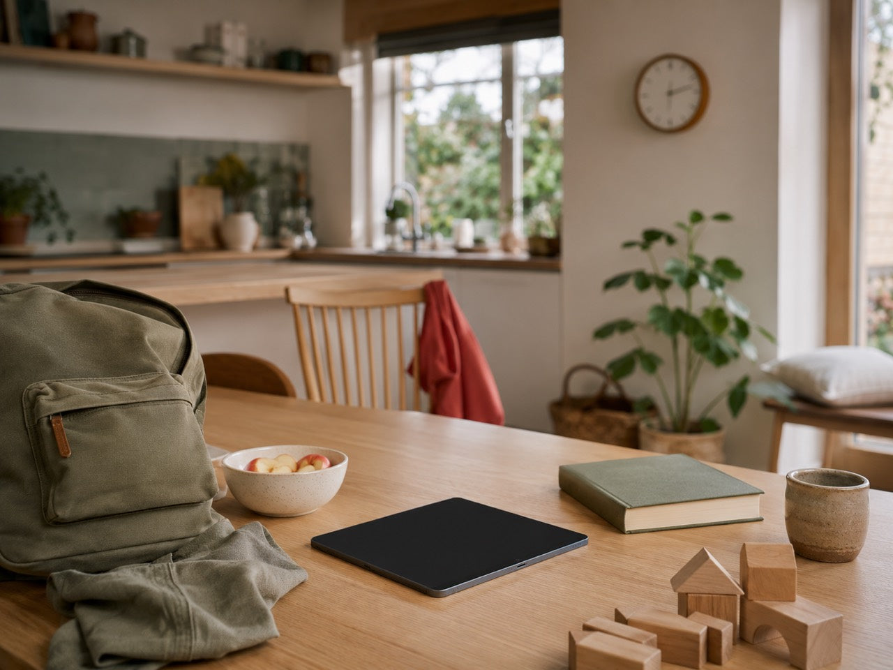 Cuisine familiale avec une tablette éteinte, un sac d'école, une collation et des jeux en bois.