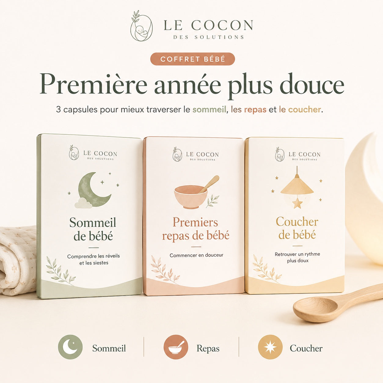 Coffret Bébé Première année plus douce - visuel principal avec les trois capsules sommeil repas coucher