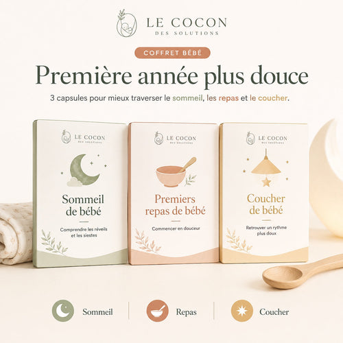 Coffret Bébé Première année plus douce - visuel principal avec les trois capsules sommeil repas coucher