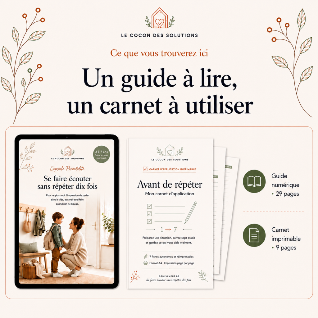 Aperçu du guide PDF sur tablette et de plusieurs fiches du carnet imprimable.