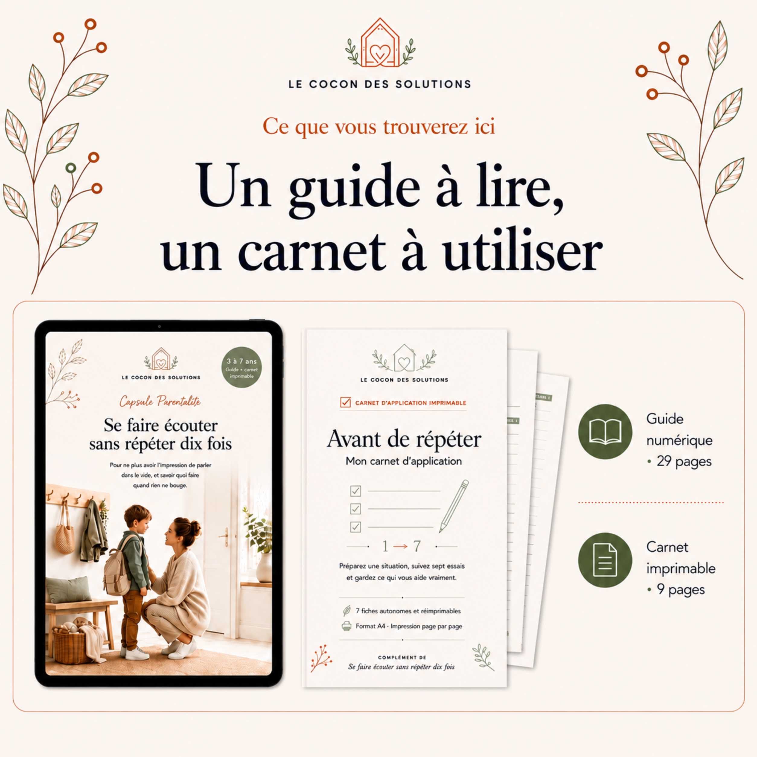 Aperçu du guide PDF sur tablette et de plusieurs fiches du carnet imprimable.