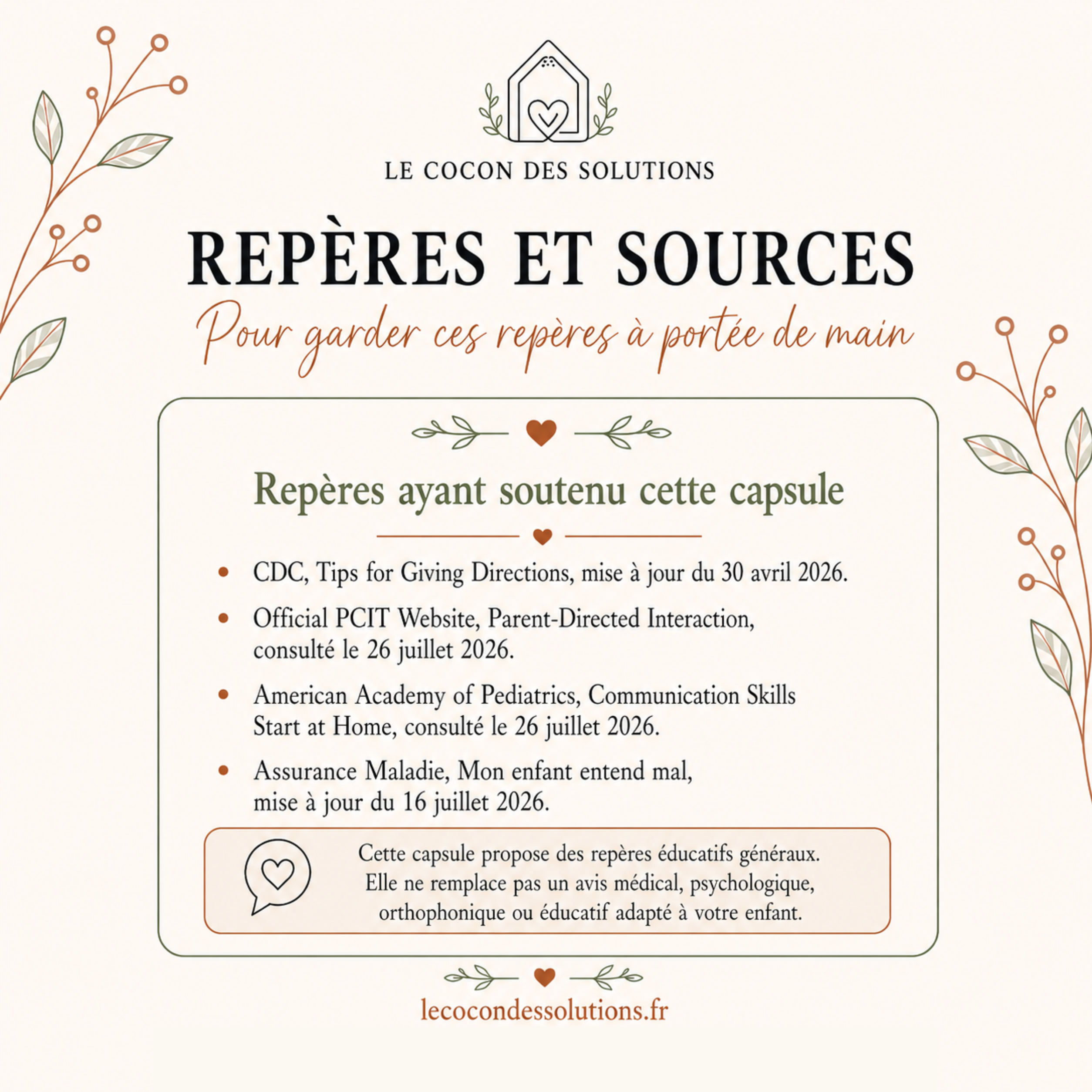 Page des sources institutionnelles et professionnelles utilisées pour documenter le guide.